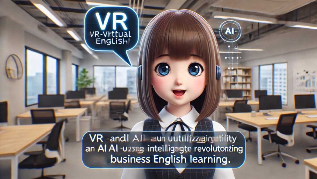 オフィスの女性が「VR (Virtual Reality) and AI (Artificial Intelligence) utilizing the latest technology are revolutionizing business English learning.」と英語で案内している様子。彼女の顔が画面から飛び出しているように見え、オフィス環境は洗練されており、現代的なデコレーションが施されています。