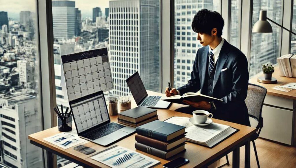 日本人のビジネスパーソンがモダンなオフィスでラップトップ、カレンダー、本を使って仕事と学習を両立させている様子。大きな窓からは都会の景色が見える。ビジネスパーソンはカレンダーを見ながらメモを取り、忙しく集中した様子がうかがえる。デスクには書類、コーヒーカップ、スマートフォンが置かれ、効果的に仕事と学習を管理する努力を反映している。