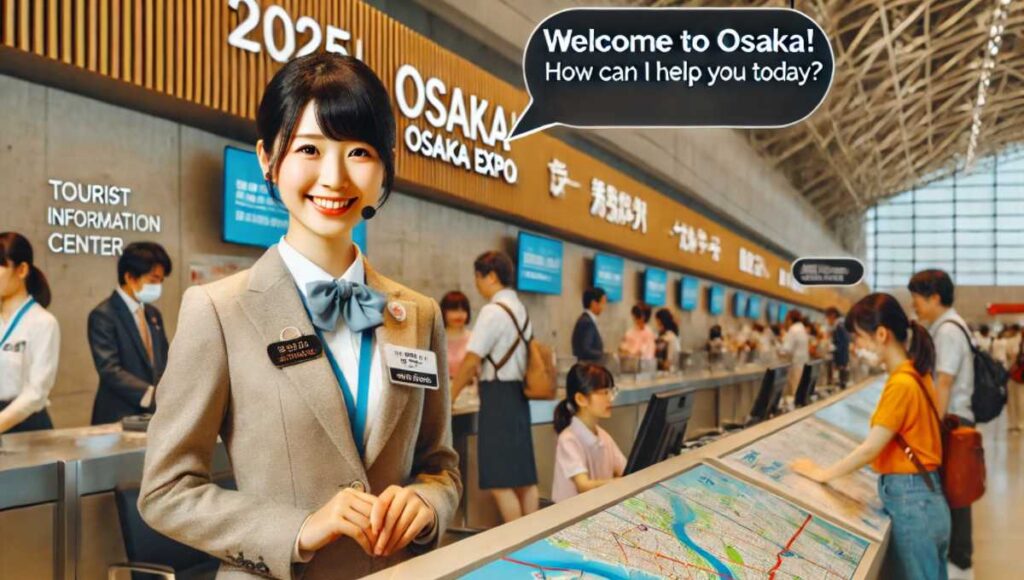 大阪万博期間中に観光案内所で働くスタッフが「Welcome to Osaka! How can I help you today?」と英語で話しかけている