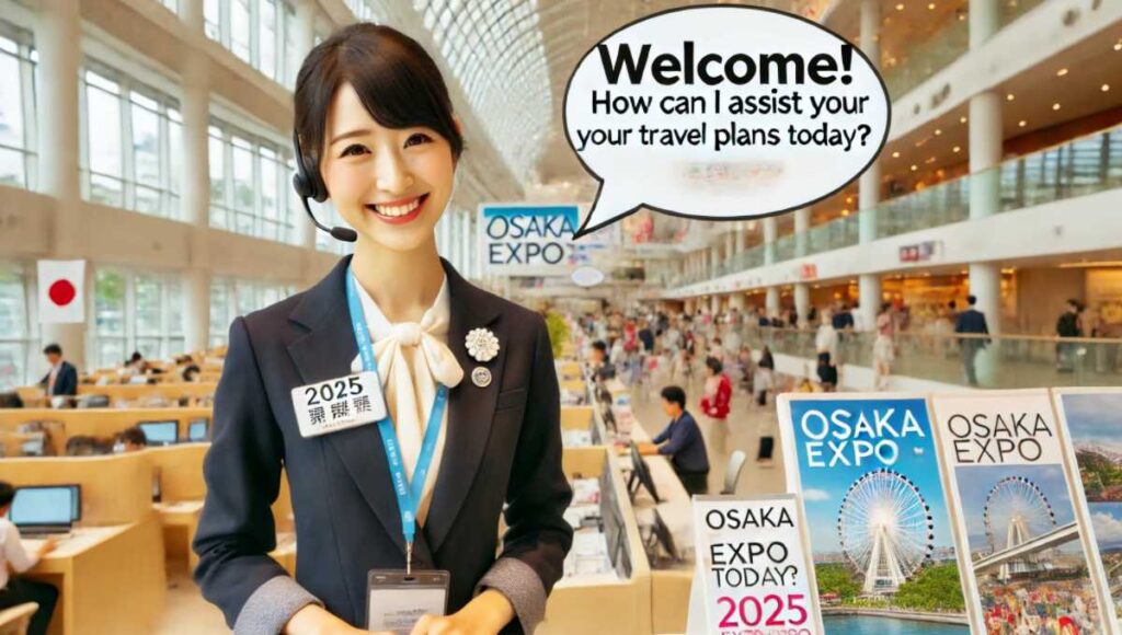 大阪万博期間中、旅行代理店で働くスタッフが外国人観光客に対して「Welcome! How can I assist you with your travel plans today?」と英語で話しかけている。背景には賑やかで活気ある旅行代理店のシーンが広がっている。