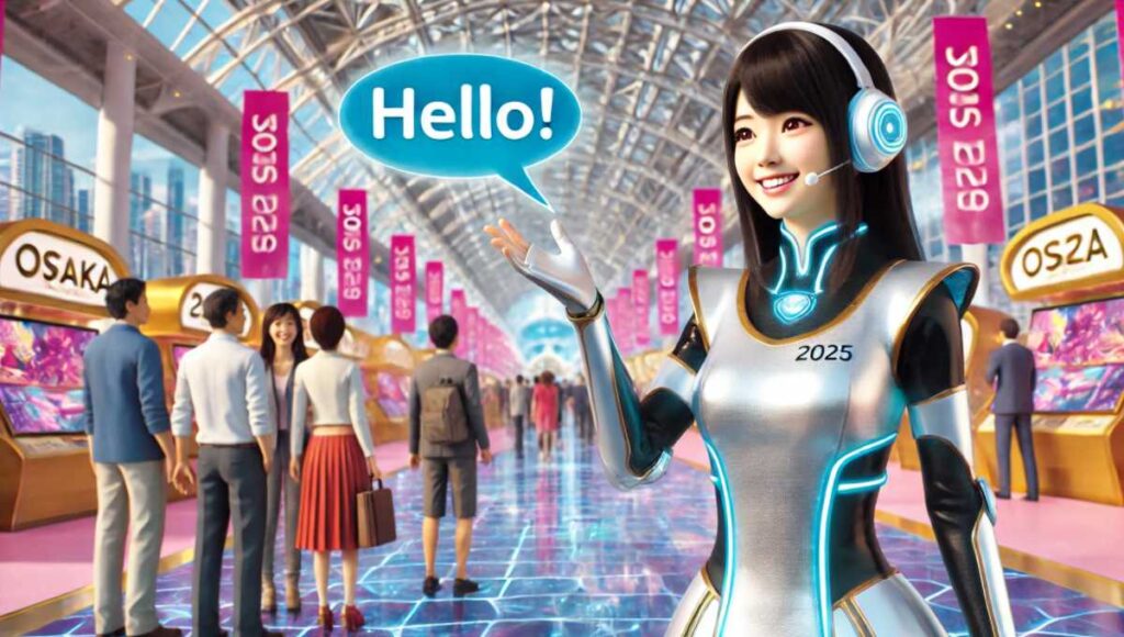 2025年の近未来的な衣装を着た日本の女性コンパニオンが、観光客に向かって「Hello!」と挨拶をしている。背景にはカラフルなパビリオンと賑やかな雰囲気の未来的な博覧会のシーンが広がっており、スムーズなコミュニケーションと温かい歓迎を強調している。