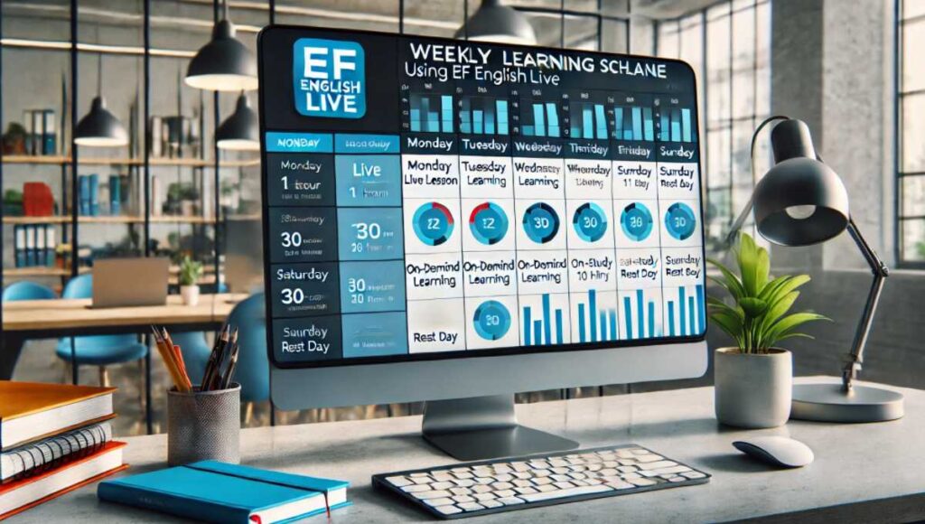 EF English Liveを活用した詳細な学習プランの週間スケジュール。現代的でプロフェッショナルなオフィス環境を背景に、コンピュータ画面に表示された洗練されたデジタルカレンダーやプランナー。