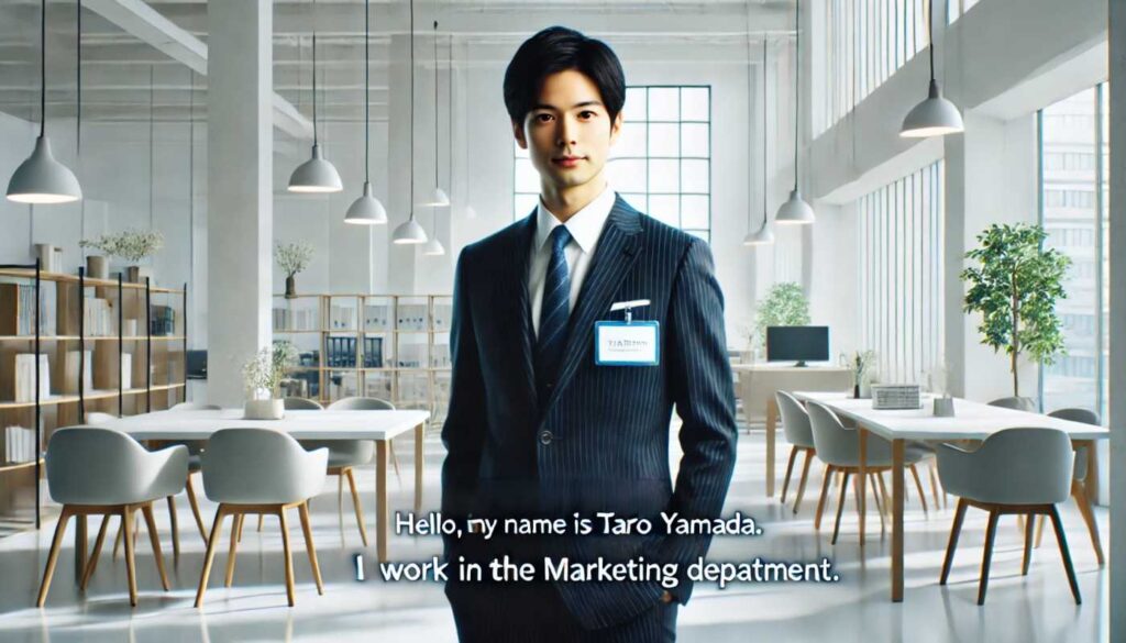 オフィスでスーツを着たビジネスマンが自己紹介をしているシーン。彼は「Hello, my name is Taro Yamada. I work in the marketing department.」と自信を持って話しており、プロフェッショナルなビジネス環境と明るく清潔感のあるオフィスが描かれています。