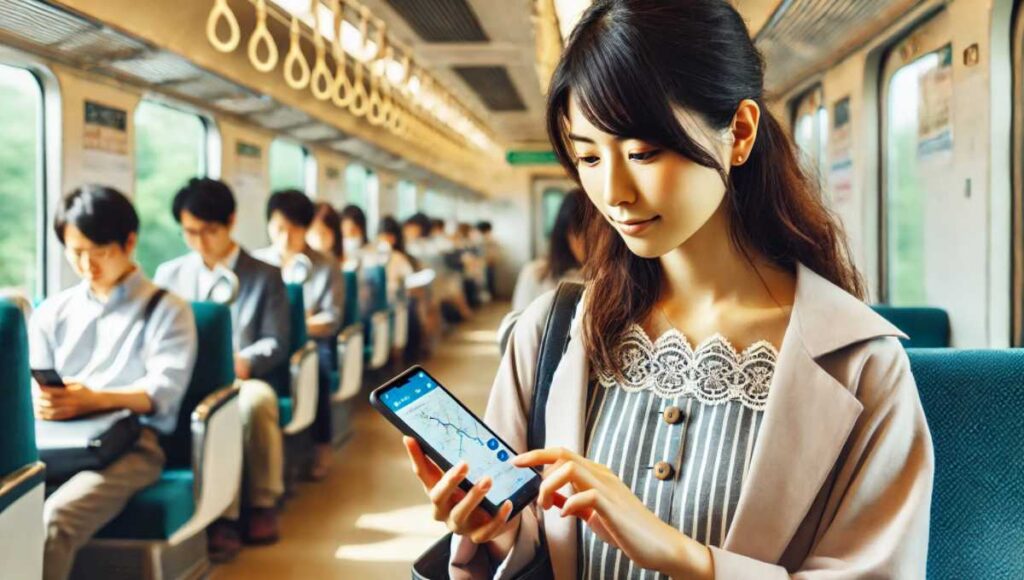 通勤時間を有効活用して英語を学ぶ女性。電車内でスマホを使い、スタディサプリENGLISHにアクセスして学習しています。