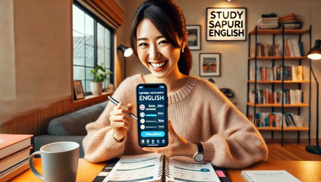 モチベーションを高めながら英語を学ぶ。彼女はスマホを使い、スタディサプリENGLISHのアプリで学習しています。アプリの画面にはポイント制度やチャレンジが表示され、学習がゲームのように楽しめることが示されています。