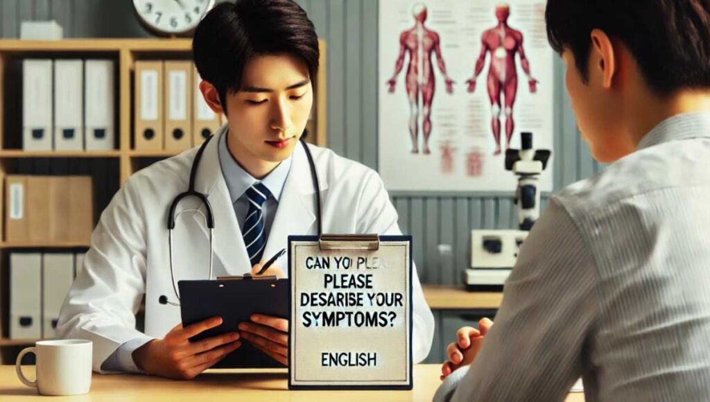 医者が、患者に症状を説明するよう依頼するシーン。英語で『Can you please describe your symptoms?』というフレーズが表示されている。"