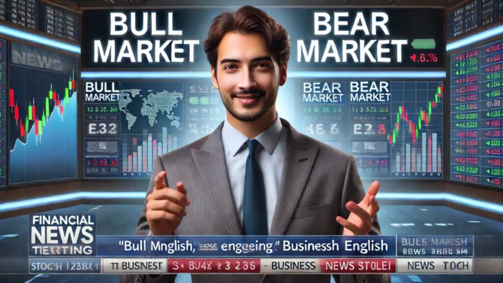 ホストが中心に配置され、ビジネス英語フレーズ「Bull Market」と「Bear Market」を説明しているデザインになっています。