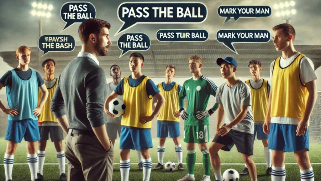 サッカーの練習中、コーチが英語で指示を出している場面。プレイヤーたちが「pass the ball」や「mark your man」といったフレーズを使いながら練習している様子を描写。