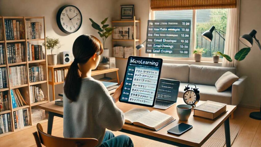 マイクロラーニングの計画表をタブレットで見ている学生を示しています。計画表には「電話の取り次ぎ方」や「メールの締めくくり方」といった具体的なテーマが英語で書かれています。全体的に集中力と効率性を強調し、整理された短時間の具体的な学習セッションを示しています。
