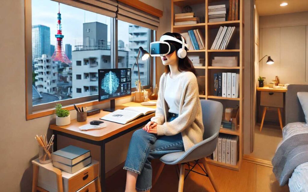 女子学生が、東京のマンションの自室でVRを利用して医療の勉強をしている様子。