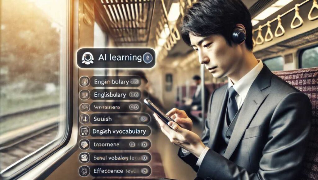 通勤中のビジネスマンが電車内でスマートフォンを使って英単語を学習しているシーン。AIアプリが画面に表示され、短時間での学習が強調されている。