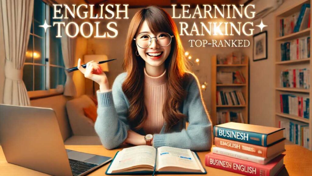 英語教材のランキングを読者におすすめしている様子。『English Learning Tools Ranking』の文字が表示され、彼女は笑顔で読者に教材を紹介している。