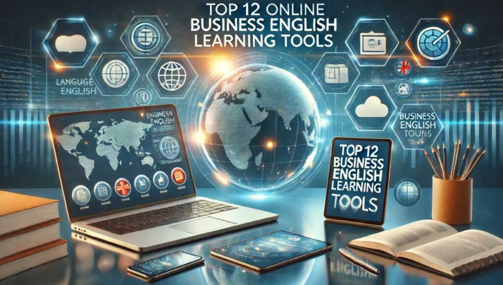 『Top 12 Online Business English Learning Tools』のテキストが表示された、オンラインビジネス英語教材を紹介する画像