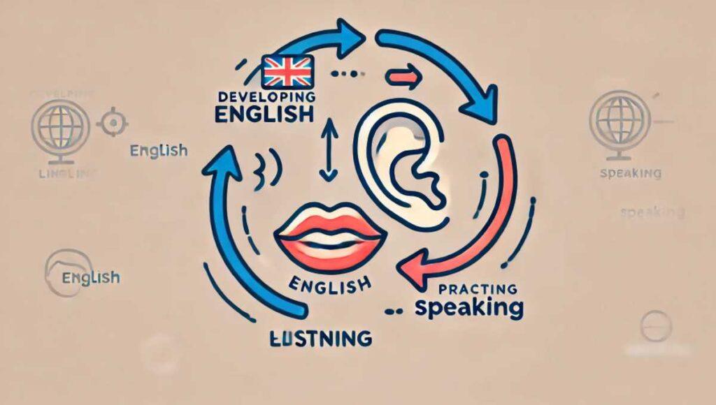 リスニングからスピーキングへと英語力を向上させるステップを図解したシンプルなイラスト。耳と口のアイコンで英語を聞き、話すプロセスを示している。