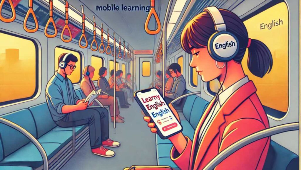 通勤中に電車の中でスマホを使い、英語を学習している人のイラスト。ヘッドホンをつけ、隙間時間を有効に活用している様子が描かれている。