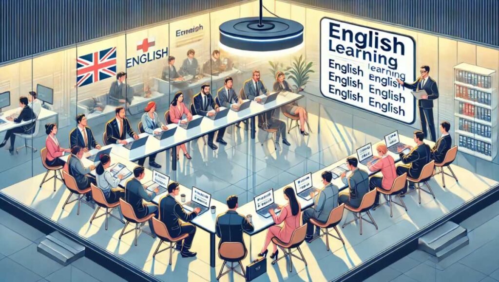 企業や官公庁の会議室で、社員が英語を学んでいる様子のイラスト。プロジェクターやホワイトボードを使い、英語フレーズを学習する場面が描かれている。