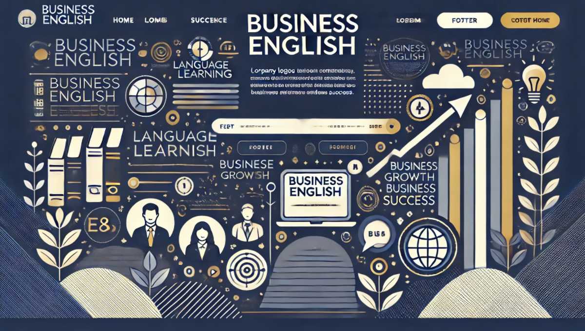 紺色の背景に白と金色のアクセント、中央下部に『Business English』と書かれたプロフェッショナルなウェブサイトのフッターデザイン。