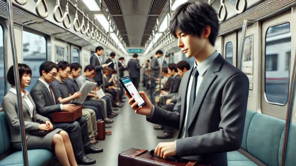 通勤中の日本人ビジネスパーソンが電車内でスマートフォンを使って英語学習アプリを閲覧している場面。スーツ姿でスマートフォンを片手に持ち、リラックスしながらも集中して学習している様子が描かれています。