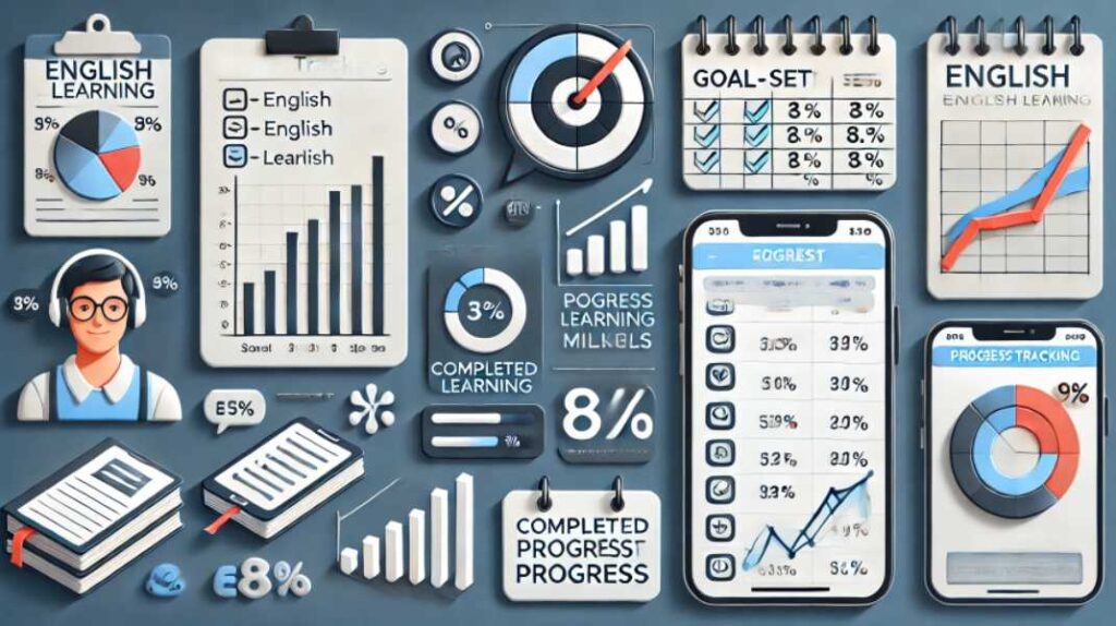 英語学習の進捗管理を示す画像。目標設定チャート、進捗状況を表すグラフ、チェックリスト、そしてアプリ画面での達成状況が含まれており、達成率や完了タスクが視覚化されています。