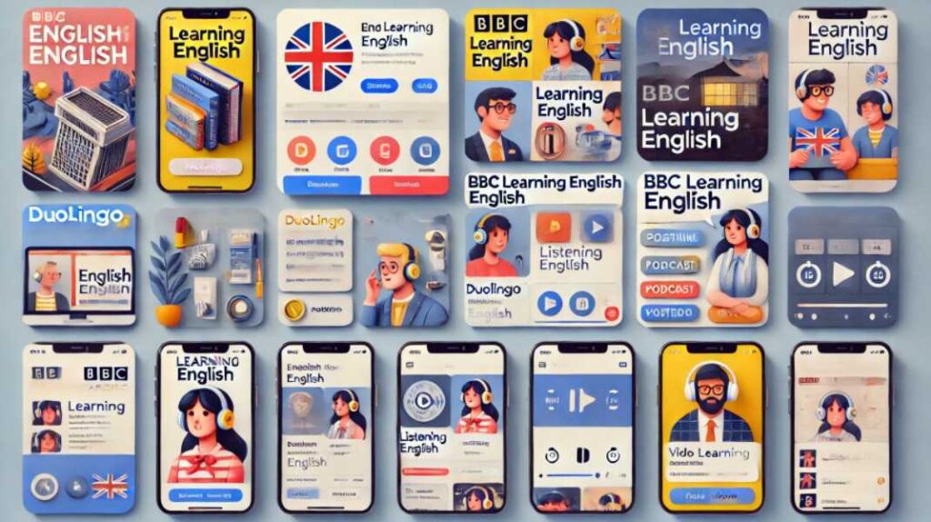 おすすめの英語学習リソースとツールを紹介する画像。DuolingoやBBC Learning Englishのアプリ、ポッドキャスト、ビデオ学習モジュールのインターフェースが含まれ、インタラクティブな練習問題やリスニングアクティビティ、動画コンテンツの例が視覚的に示されています。