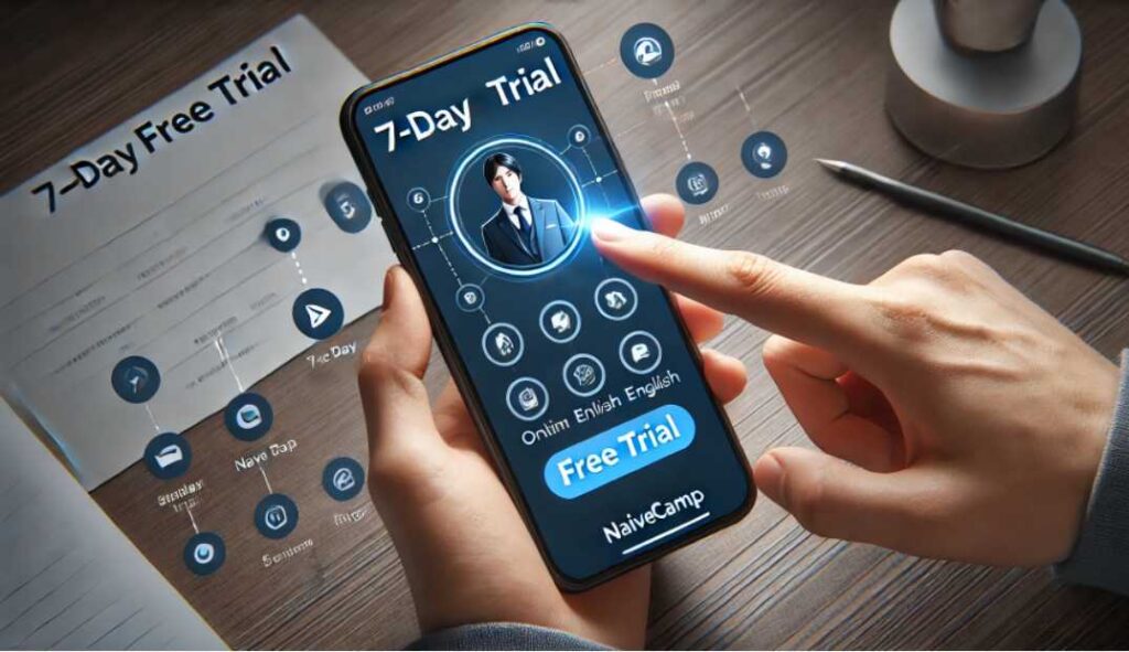 7日間無料体験を提供するネイティブキャンプのスマホアプリ画面と開始ボタン