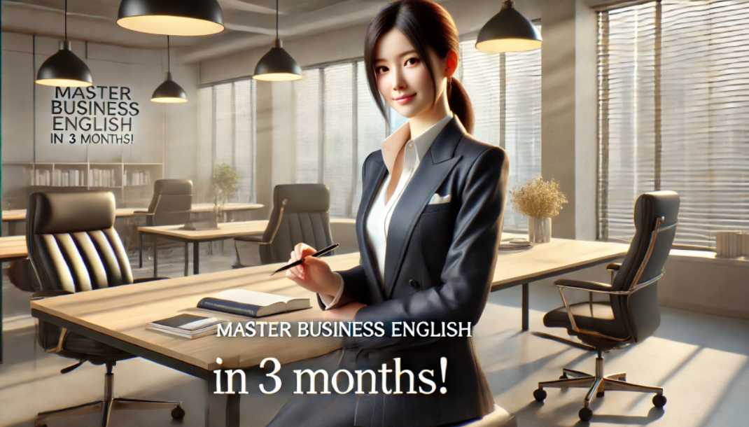 モダンなオフィスで、ノートとペンを持つビジネススーツ姿の女性。英語で『Master Business English in 3 Months!』と書かれたキャッチフレーズが表示されたプロフェッショナルなデザイン。