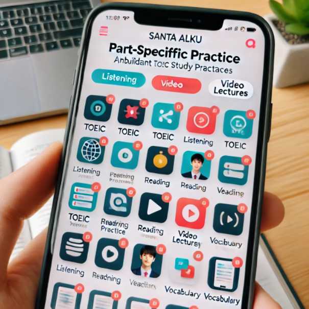 SantaアルクアプリのTOEIC対策コンテンツ画面。パート別問題と動画講義の一覧が表示され、リスニングやリーディングなど多様なセクションの学習コンテンツが豊富に揃っていることを示している。