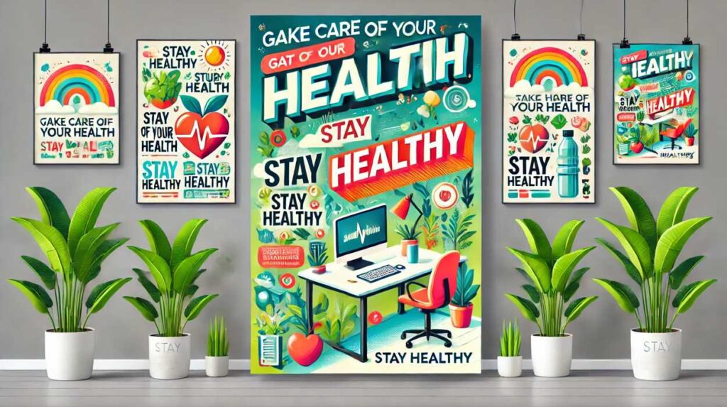 健康的な職場環境を促進するポスター風イラスト。『Take care of your health』や『Stay healthy』といったフレーズが描かれた明るいオフィス背景のデザイン。