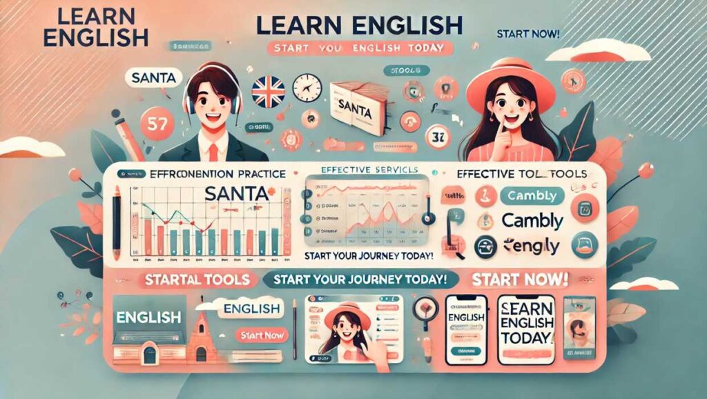 英語学習を始めるためのツールを紹介する横長バナー。Santaアルクでは発音練習の様子、Camblyではネイティブ講師とのビデオ通話、スタディサプリENGLISHでは楽しいモバイルアプリ学習が描かれています。明るくモチベーションを高めるデザインで、「今日から始めよう！」というメッセージが含まれています。