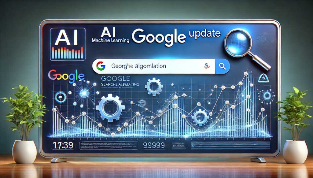 Googleの検索アルゴリズム更新を示すデジタル画面。検索バーやランキング変動のグラフ、AI・SEO最適化のアイコンが表示されている。