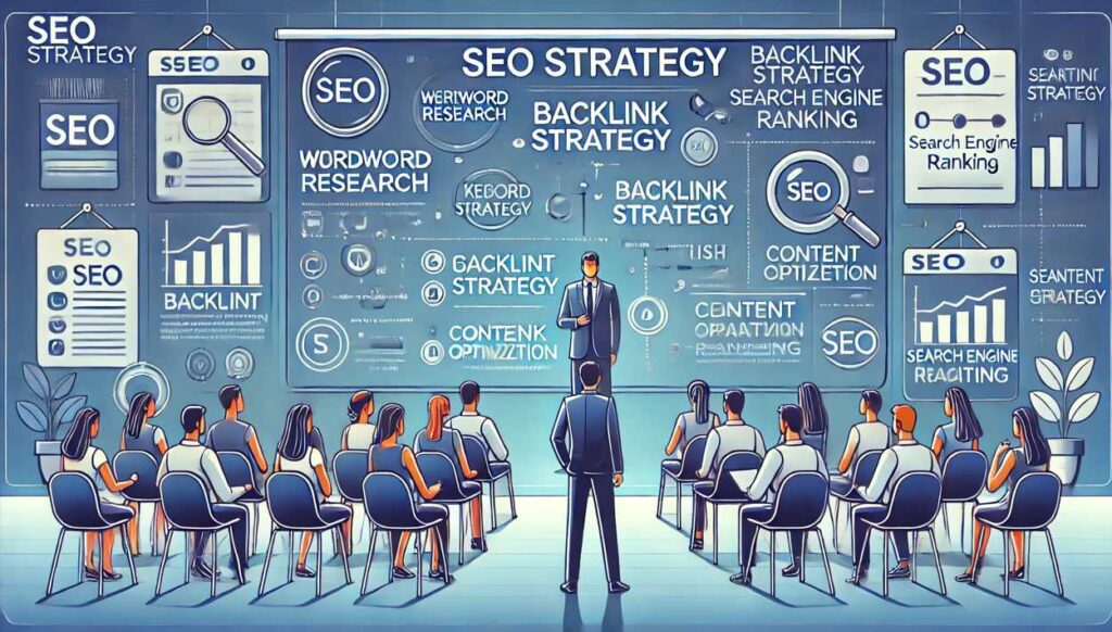 SEO戦略を英語でプレゼンする様子。大画面には「Keyword Research」「Backlink Strategy」「Content Optimization」などのSEO用語が表示され、聴衆が熱心に聞いている。