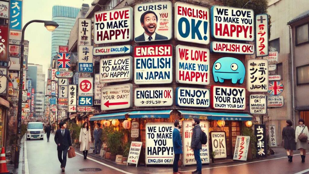 A lively street scene in Tokyo showcasing quirky English signs and expressions commonly seen in Japan. Examples of funny phrases like 'We love to make you happy!' and 'English OK! Enjoy your day!' are displayed on shop billboards.