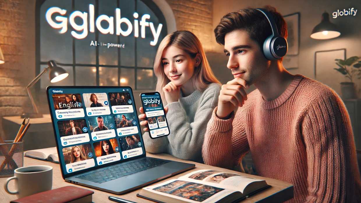 Globifyを使って英語を学習する2人の若者が、ノートPCとスマートフォンで楽しく学んでいるシーン。