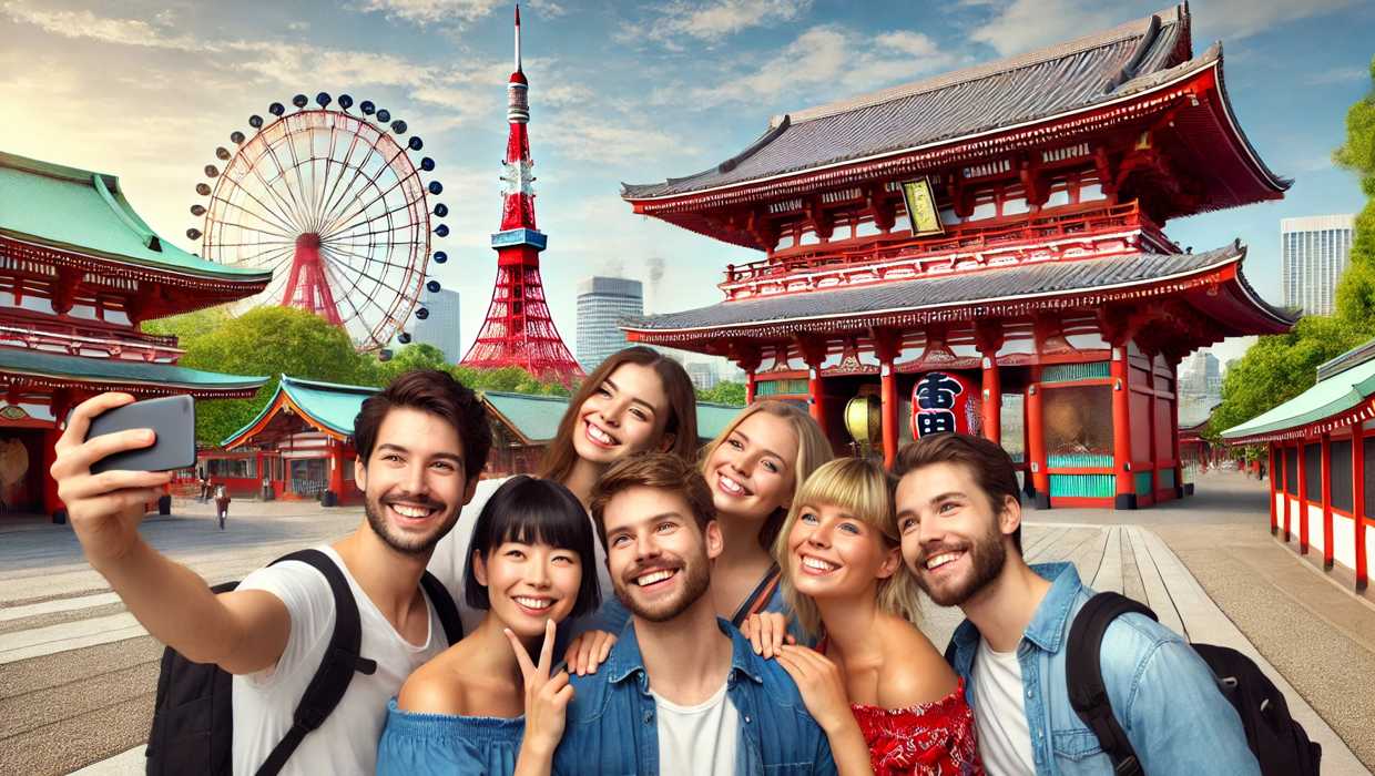 A group of foreign tourists taking a selfie in front of Senso-ji Temple. The Tokyo Tower and a Ferris wheel can be seen in the background, capturing the essence of Japan's famous tourist attractions.