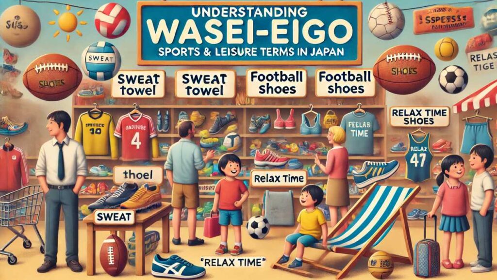 A lively sports and leisure store in Japan featuring quirky Wasei-Eigo terms on products, such as 'Sweat' for towel and 'Football shoes' for soccer cleats. Shoppers from various nationalities are amused by the unusual English expressions.